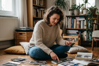 Femme assise sur le sol avec photos et livres