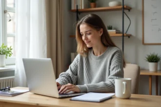 Femme utilisant un générateur de lettre en ligne sur son ordinateur portable dans un bureau à domicile chaleureux