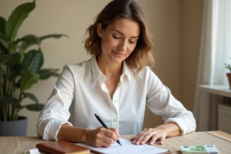 Femme écrivant un chèque de deux mille cinq cent euros à son bureau avec un stylo à bille
