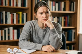 Femme concentrée en train de réfléchir à une devinette logique difficile, assise à un bureau en bois dans un bureau à domicile