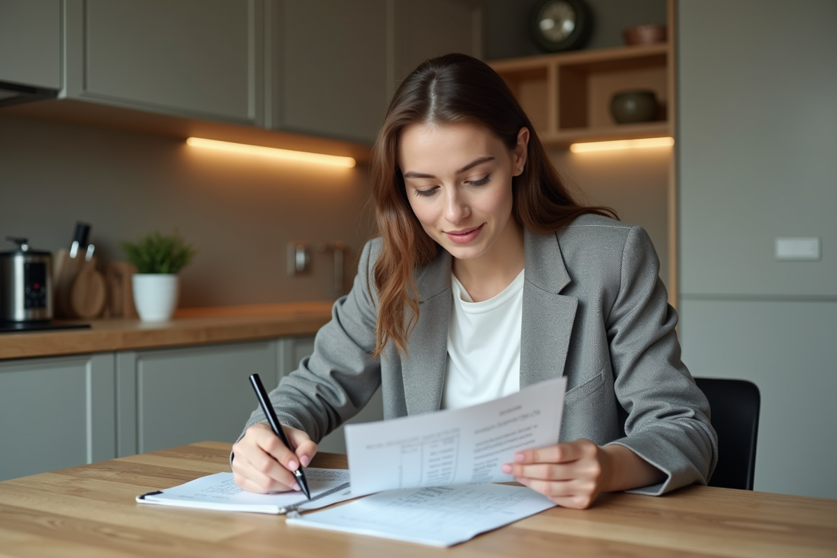Jeune femme en cuisine consulte son relevé bancaire