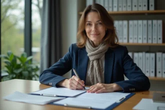 Femme d'âge moyen signant des documents officiels dans un bureau moderne