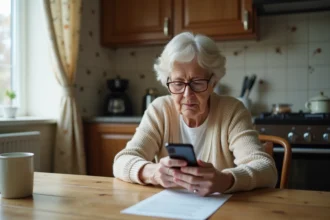 Femme âgée utilisant un smartphone dans la cuisine chaleureuse