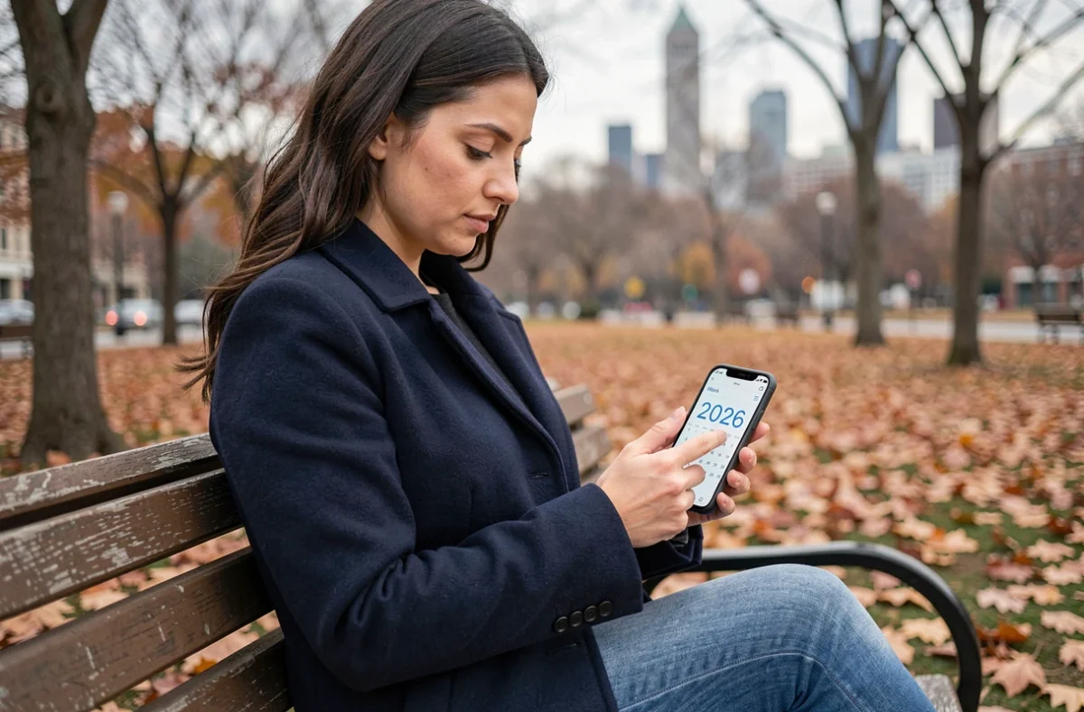Jeune femme vérifiant le numéro de semaine paire ou impaire 2026 sur son smartphone dans un parc