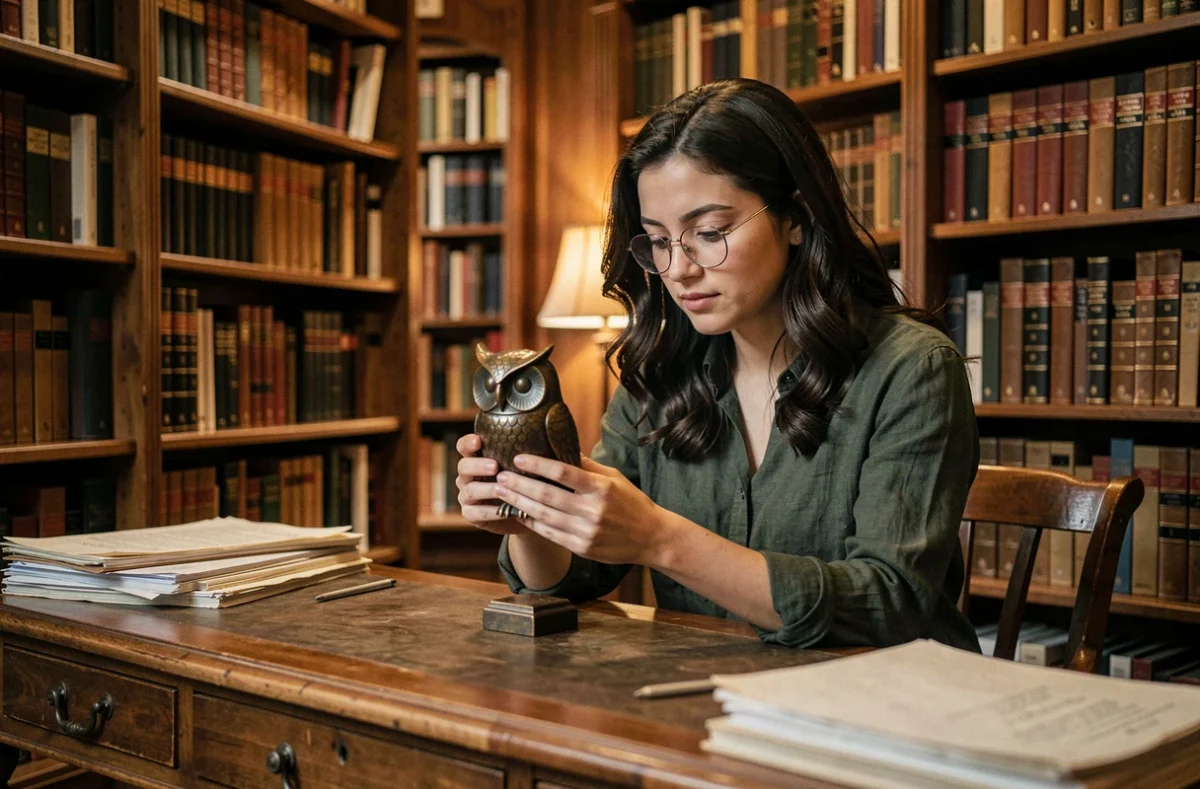 Femme examinant une statuette de chouette en bronze dans une bibliothèque ancienne, exploration du symbolisme historique et culturel de la chouette