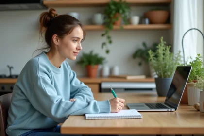 Jeune femme en cuisine travaillant sur son ordinateur