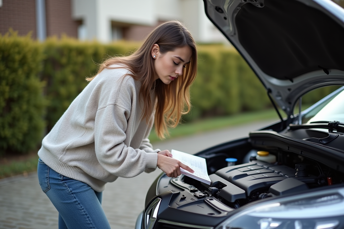 Jeune femme examinant le compartiment moteur d