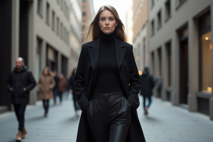 Jeune femme en noir dans une rue urbaine animée