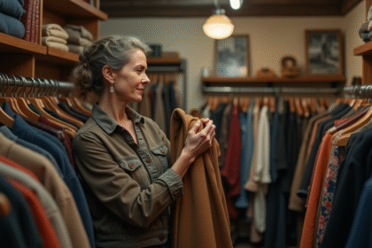 Femme vintage examine un manteau en laine dans une boutique d'occasion