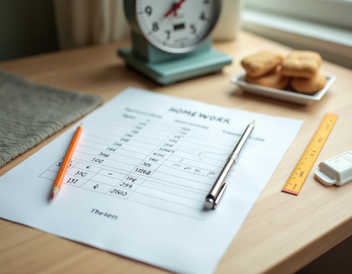 Feuille de devoirs avec tableau de conversion des kilogrammes annotée au crayon sur un bureau en bois