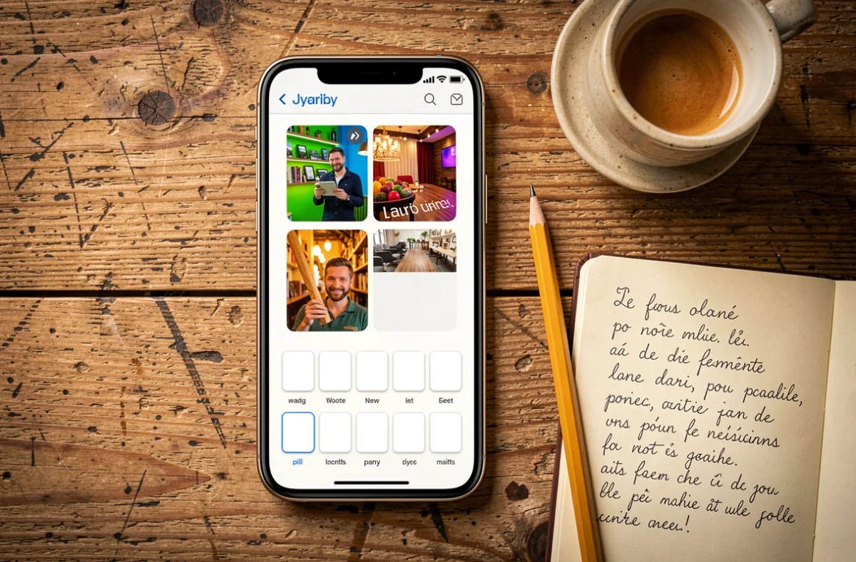 Vue de dessus d'un smartphone affichant un jeu 4 images 1 mot avec carnet de notes et café