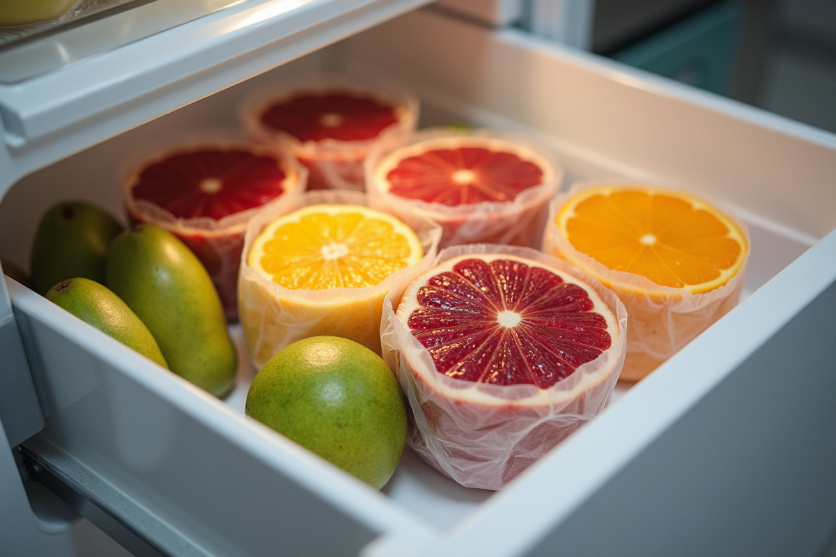Fruits emballés dans un réfrigérateur moderne organisé