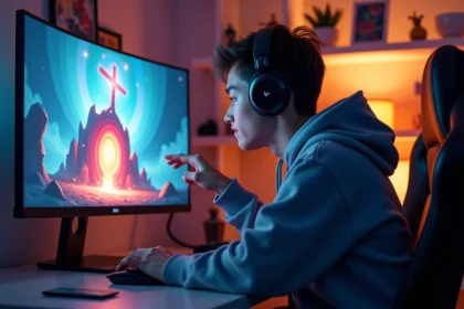 Jeune homme gamer concentré devant un portail coloré