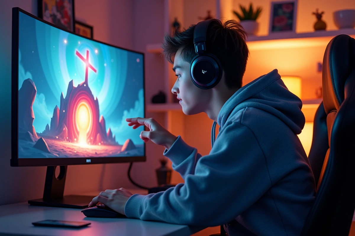 Jeune homme gamer concentré devant un portail coloré