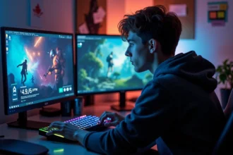 Jeune homme gamer assis devant son PC ultrawide consultant ses statistiques de temps de jeu sur League of Legends