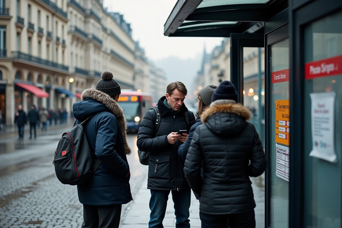 Arrêt de bus TCL à Lyon avec des usagers consultant les informations de grève un matin de décembre 2026