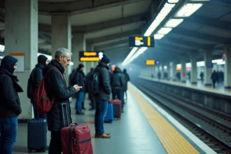 Quai de métro TCL quasi désert pendant la grève du 5 décembre 2026 à Lyon, voyageurs attendant avec valises et téléphones