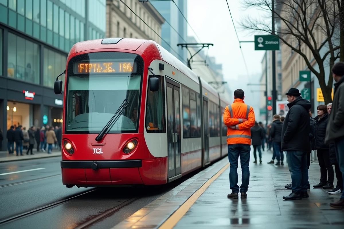 Tramway TCL à l'arrêt à la Part-Dieu pendant la grève des transports lyonnais en décembre 2026