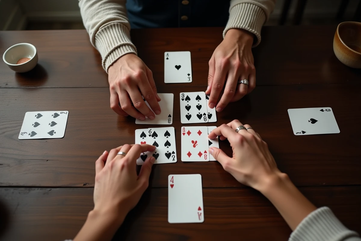 Vue aérienne en gros plan de mains jouant à la crapette sur une table en chêne, avec les cartes disposées en tableaux de réussite à deux joueurs