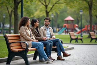 Groupe d'adultes divers dans un parc urbain convivial