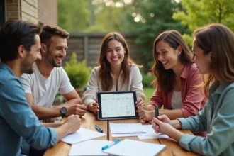 Groupe d'adultes autour d'une table de pique-nique en extérieur