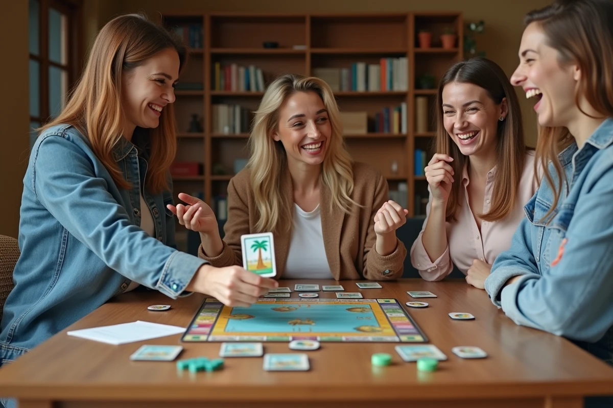 Trois femmes adultes riant et réagissant à une carte spéciale lors d'une partie de la règle des palmiers dans un salon cosy