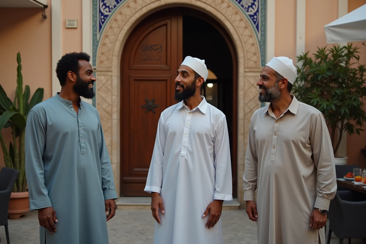 Groupe d'hommes discutant devant l'entrée d'une mosquée à Marseille après la prière du soir