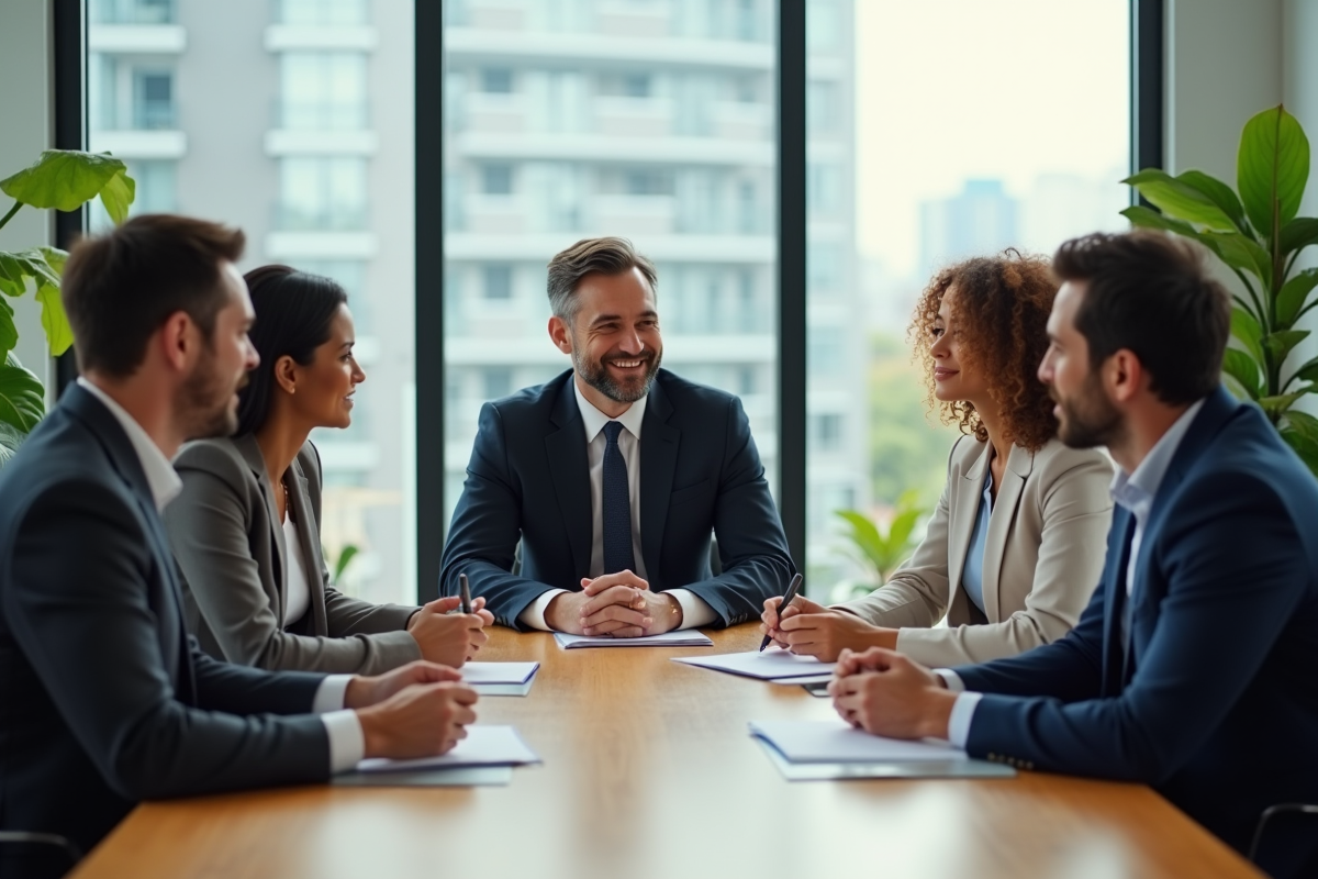 Groupe de professionnels en réunion dans un bureau moderne
