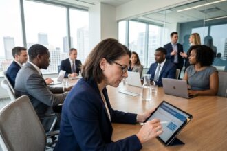 Groupe de professionnels en réunion d'affaires concentrés