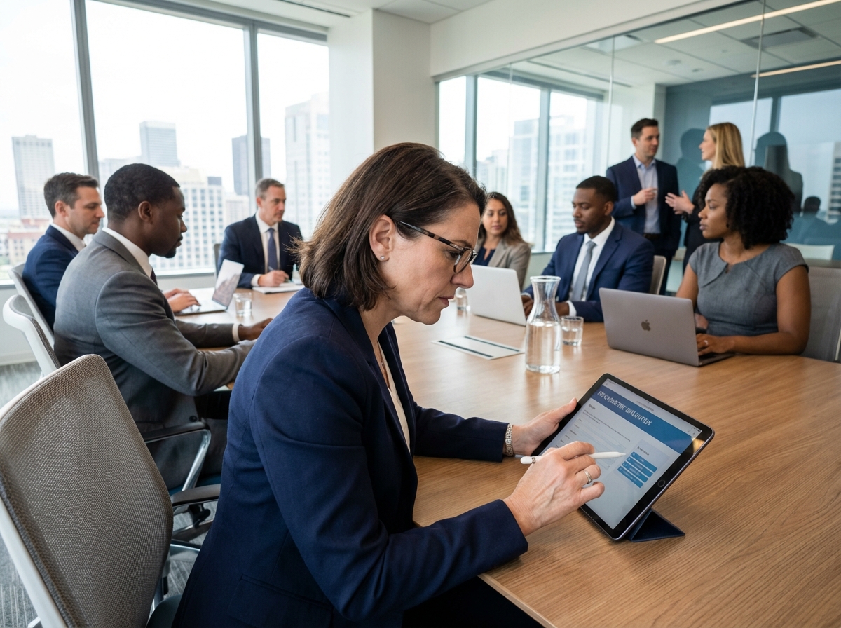 Groupe de professionnels en réunion d'affaires concentrés