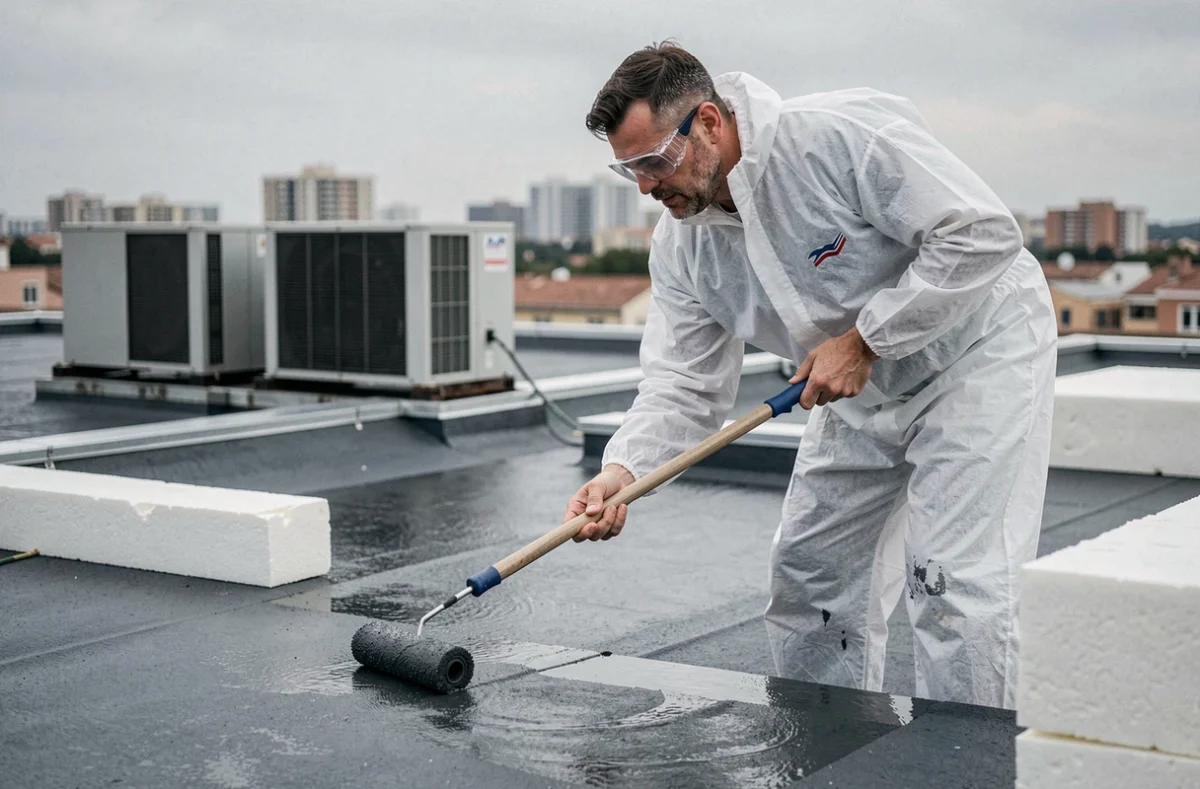 Couvreur spécialiste appliquant une membrane d'étanchéité liquide sur un toit plat commercial à Montpellier