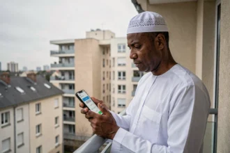 Homme consultant les heures de prière sur smartphone depuis un balcon de Tremblay-en-France