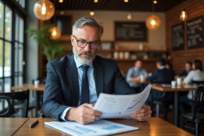 Homme d'affaires en costume au café compare graphiques inflation