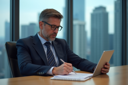 Homme d'affaires en costume regardant des graphiques économiques