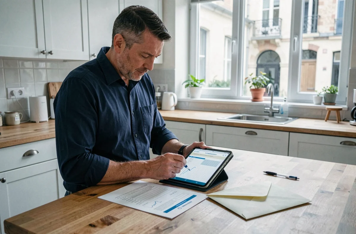 Homme remplissant une attestation d'hébergement numérique sur tablette dans une cuisine
