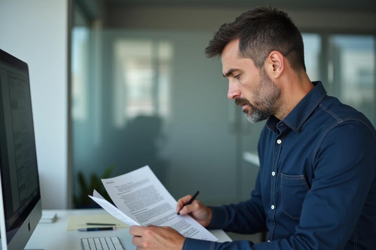 Homme d'affaires relisant une lettre générée automatiquement dans un bureau moderne et épuré