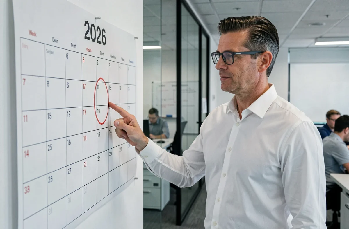 Homme en bureau pointant un numéro de semaine paire sur un calendrier mural 2026