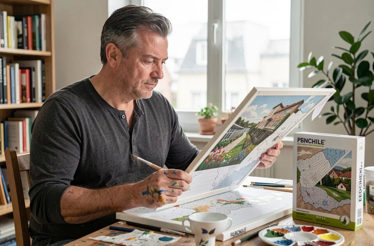 Homme comparant une toile peinture par numéros terminée avec le modèle de référence, évaluant le rendu final de son œuvre