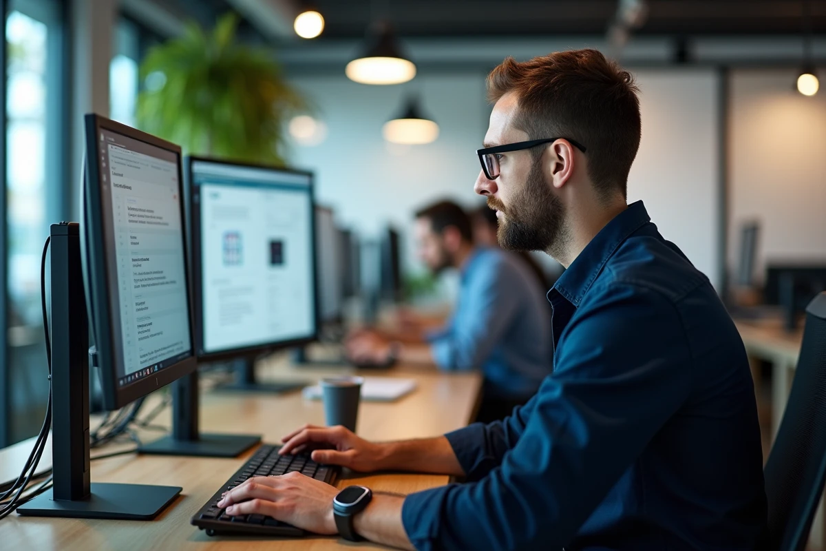 Homme utilisant une interface de chat communautaire francophone dans un espace de coworking moderne, alternative professionnelle et sécurisée à Coco.gg