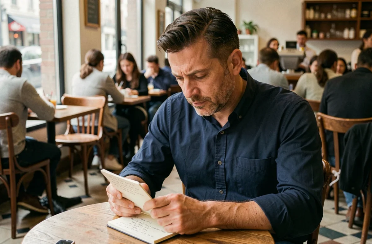 Homme adulte concentré sur un carnet de devinettes logiques dans un café animé, expression pensive et calme