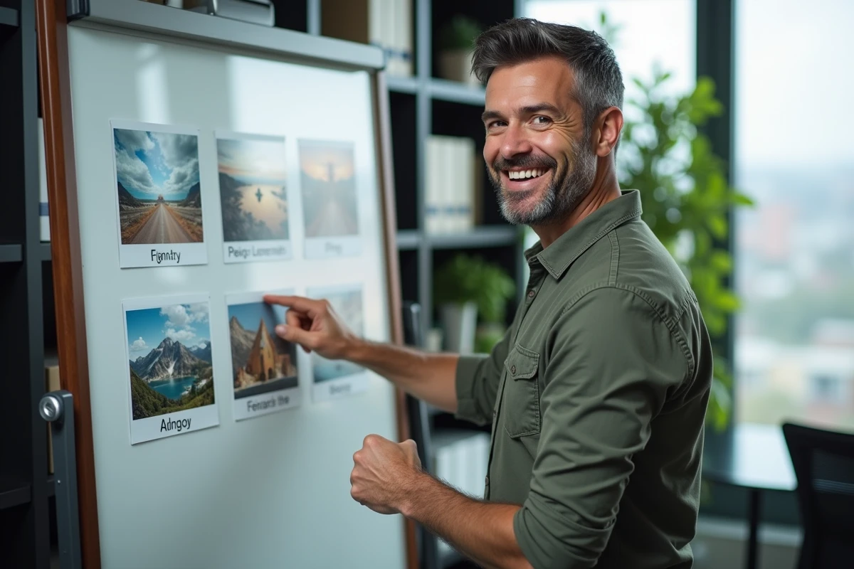 Homme en office explique un mot sur un tableau éducatif