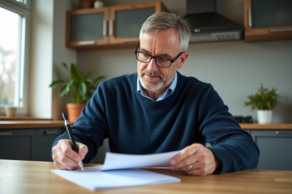 Homme d'âge moyen en pull marine consulte des documents financiers