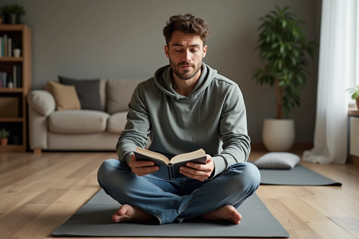 Homme concentré lisant un livre de flexibilité dans un salon