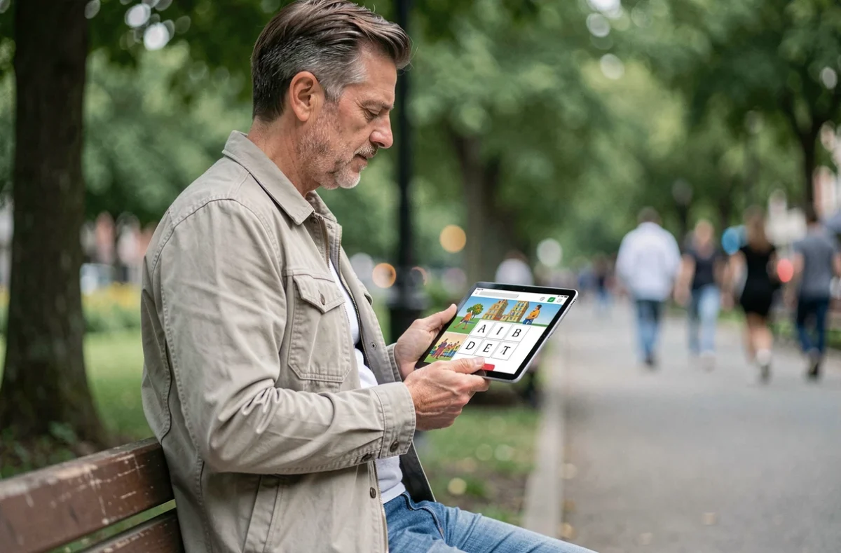Homme consultant un jeu 4 images 1 mot sur tablette dans un parc urbain