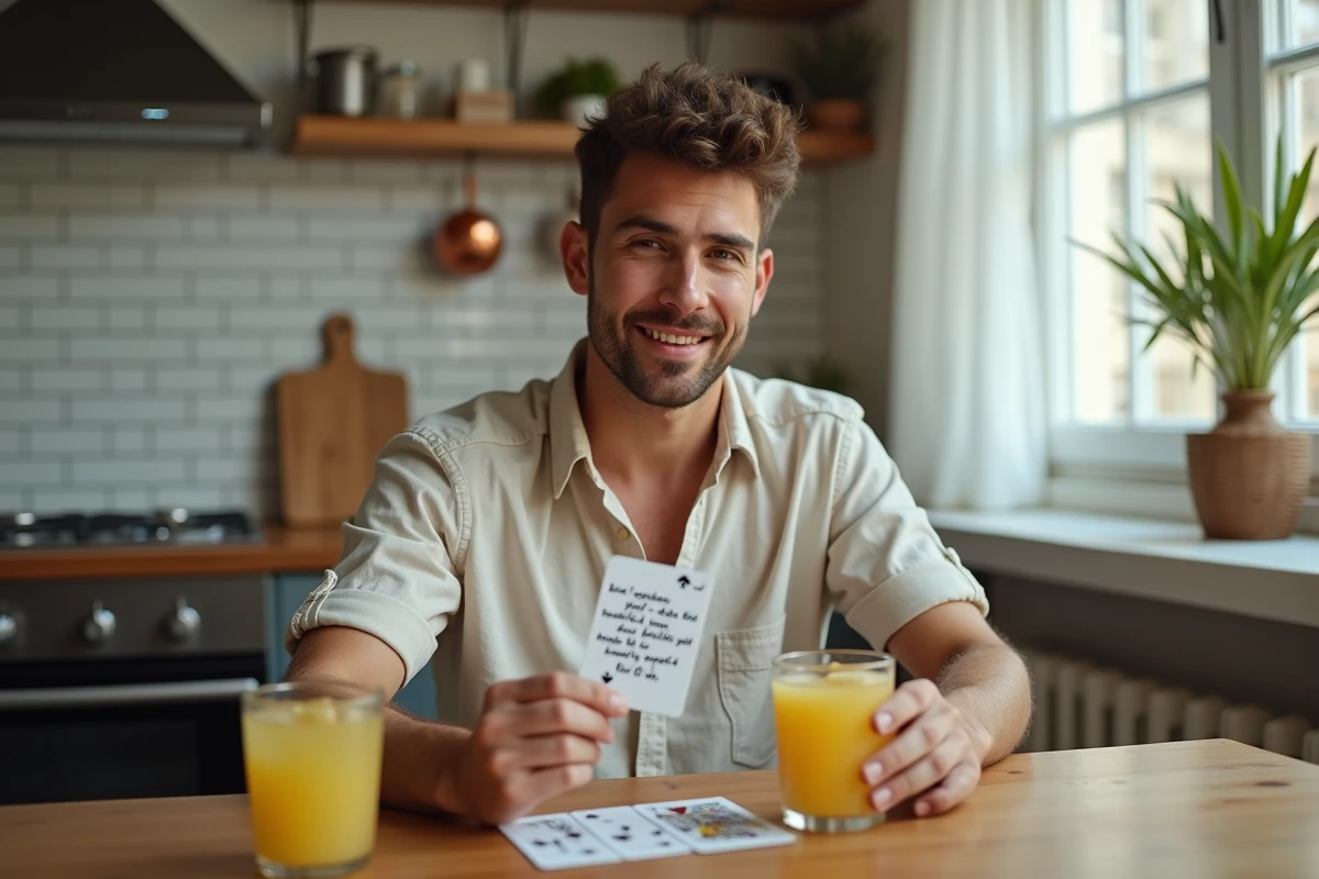 Jeune homme adulte lisant attentivement une carte défi spéciale du jeu de la règle des palmiers à une table de cuisine moderne