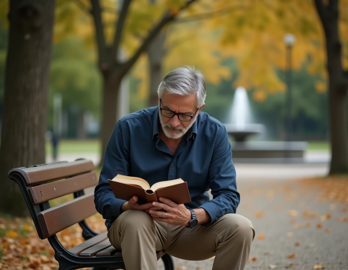 Homme lisant un livre dans un parc en automne, profitant d'un moment de détente en plein air