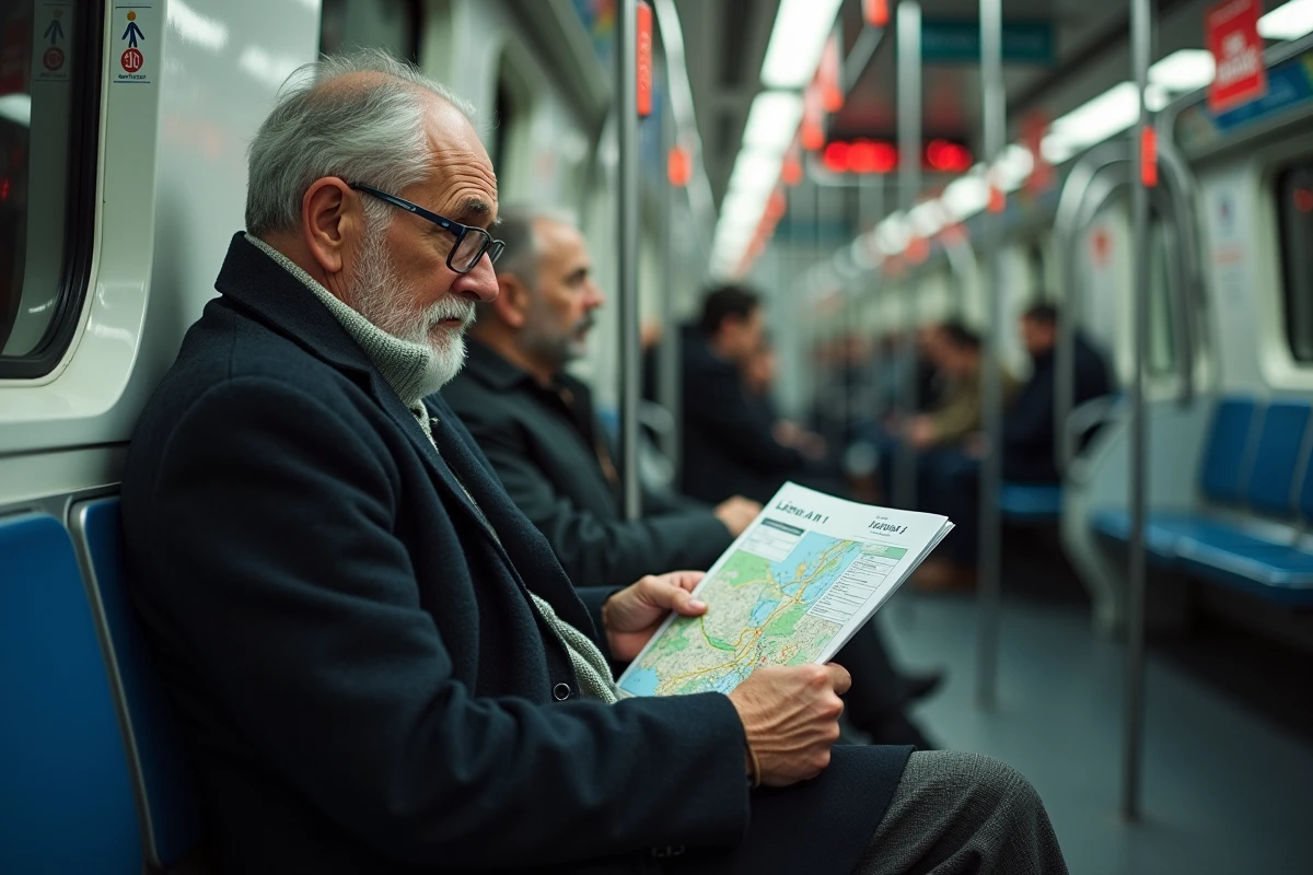 Homme âgé étudiant la carte du métro dans le train