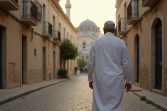 Homme en djellaba blanche marchant vers une mosquée dans une rue de Marseille au crépuscule