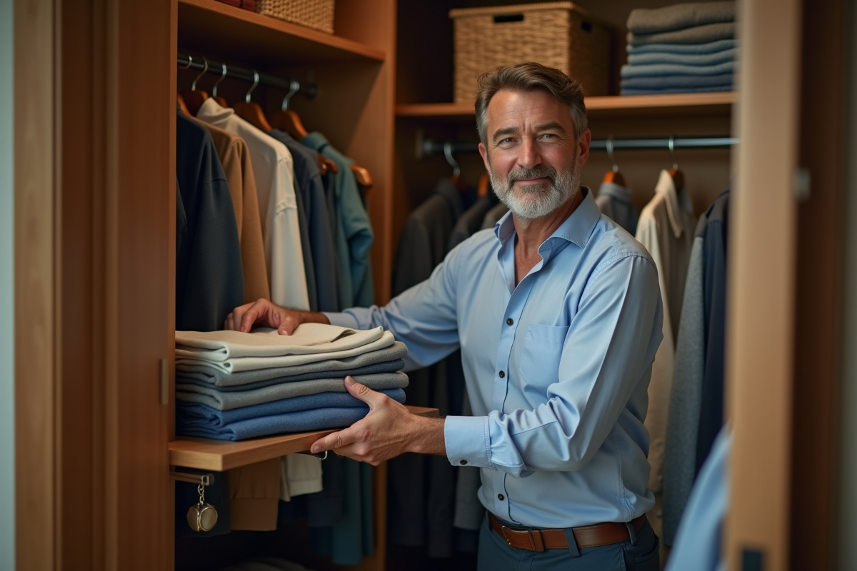 Homme rangeant des pantalons dans une garde-robe