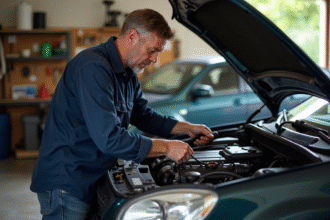 Homme moyenâgeux installant une courroie de voiture dans un garage